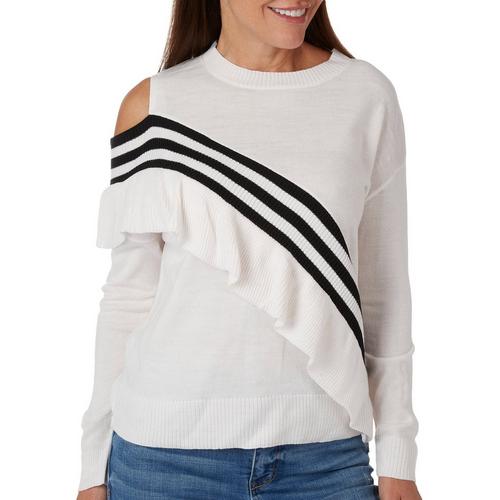 Cliche Womens Striped Ruffle Cold Shoulder Sweater