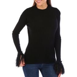 Blue Sol Womens Ribbed Cut-Out Long Sleeve Feather Cuff Top