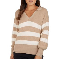Womens Ribbed Spread Neck Striped Knit Sweater