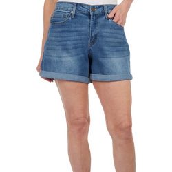 Womens 5 in. Whiskered Mid Rise Denim Roll Cuff Short