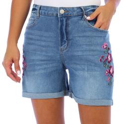 Womens Embroidered Floral Denim Fray Shorts