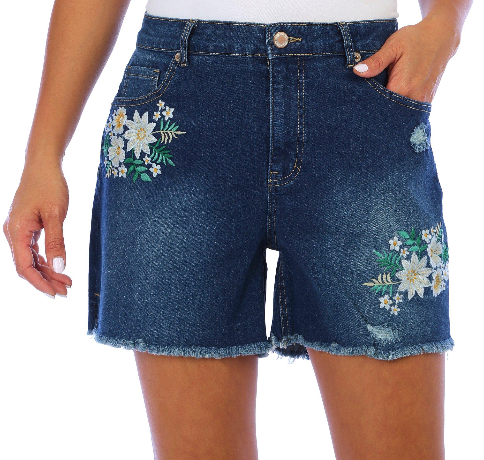 Womens Embroidered Floral Denim Shorts