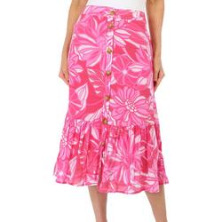 Womens Button Front Tiered Floral Skirt
