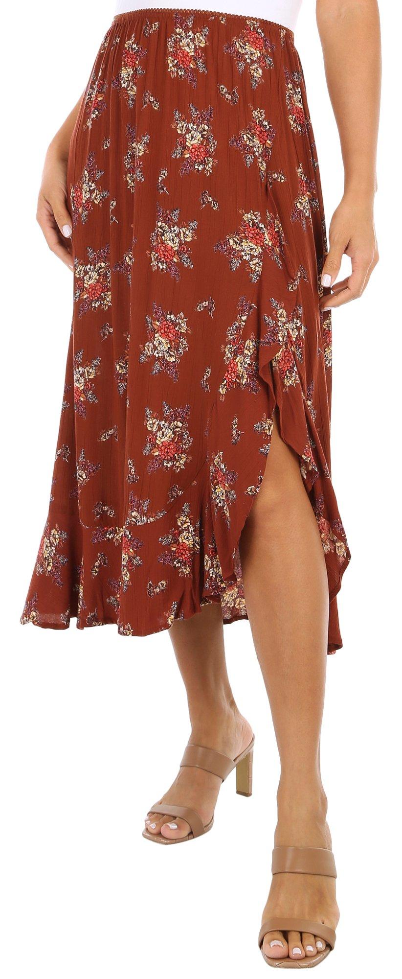 Womens Floral Printed Side Ruffle Midi Skirt