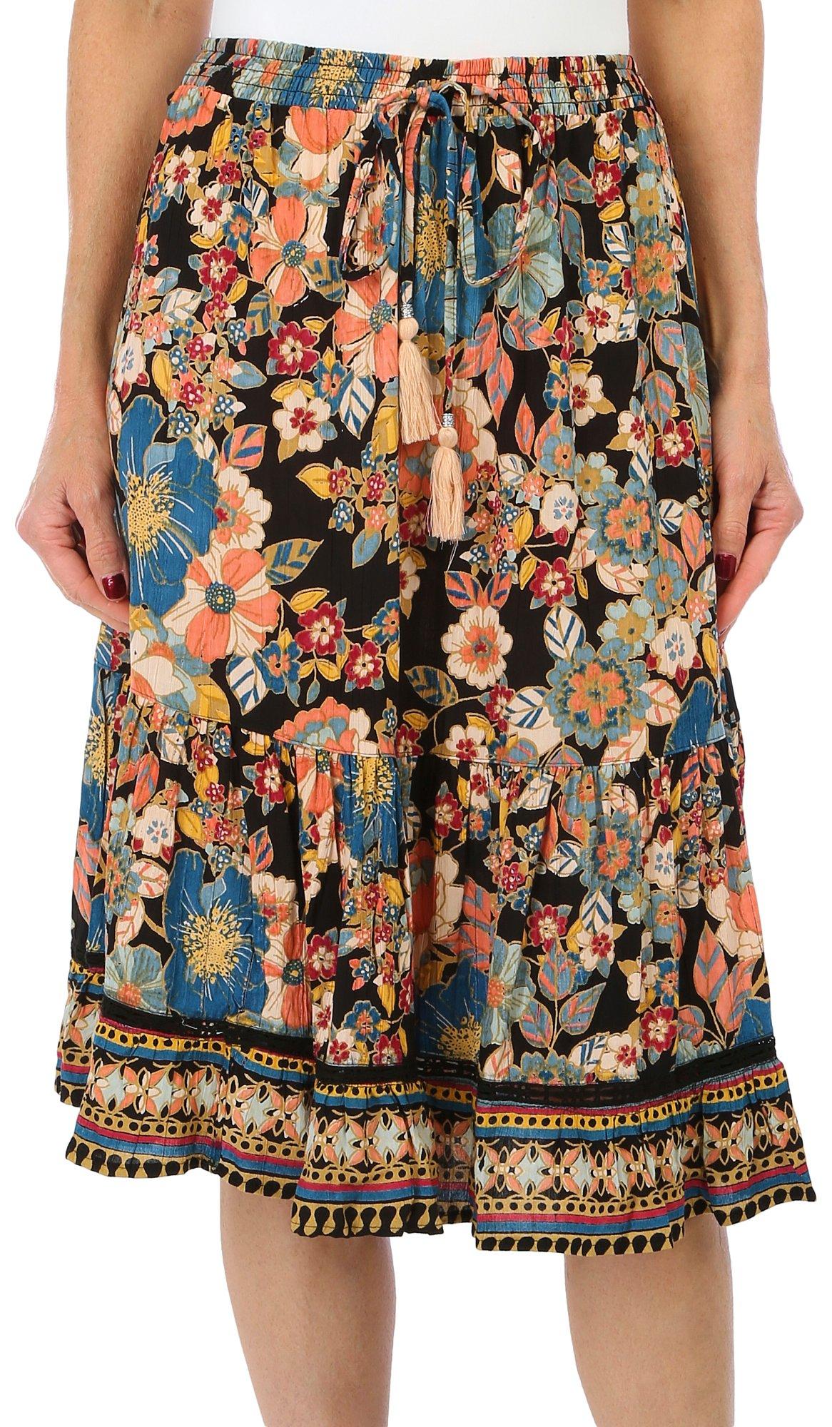 BUNULU Womens Print Tiered Midi Skirt