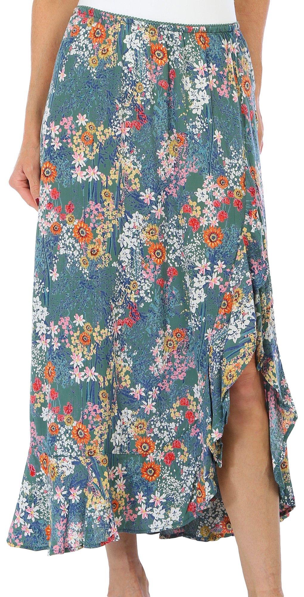 BUNULU Womens Floral Print Split Ruffle Skirt