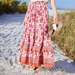 Bunulu Womens Floral Print Tiered Long Maxi Skirt