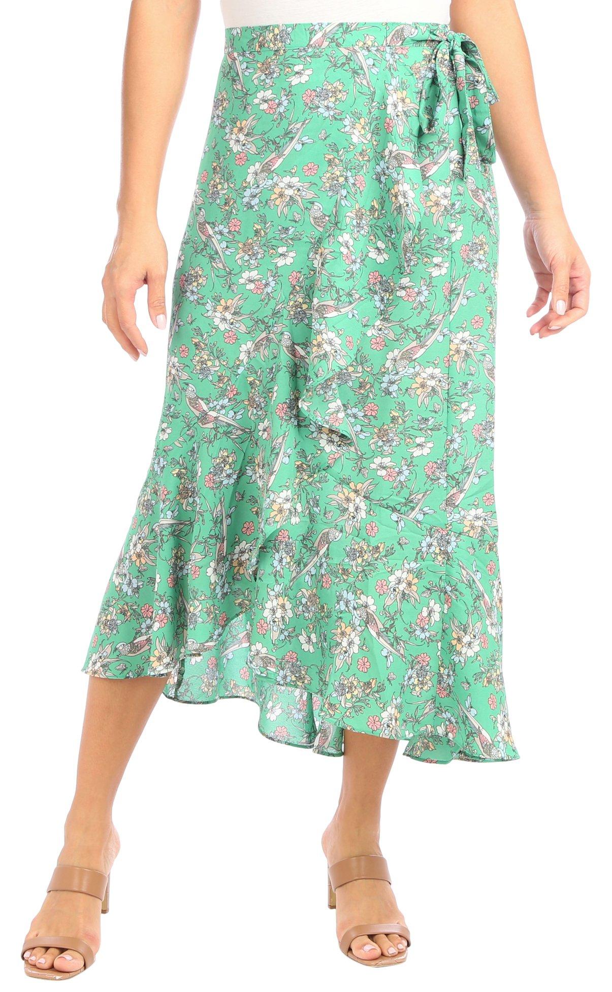 Womens Wrap Floral Ruffle High Low Skirt