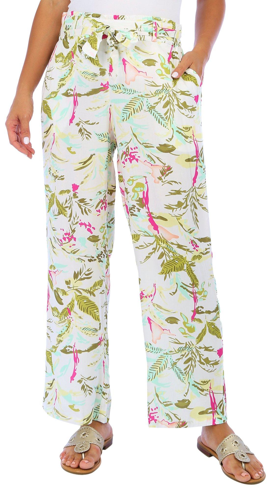 Bunulu Womens Wide Leg Belted Pull On Floral Print Pant
