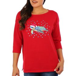 Heritage Charm Womens Santa Turtle 3/4 Sleeve Sweater