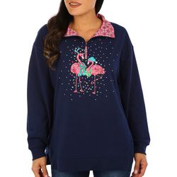Womens 1/4 Zip Flamingos French Terry Long Sleeve Top