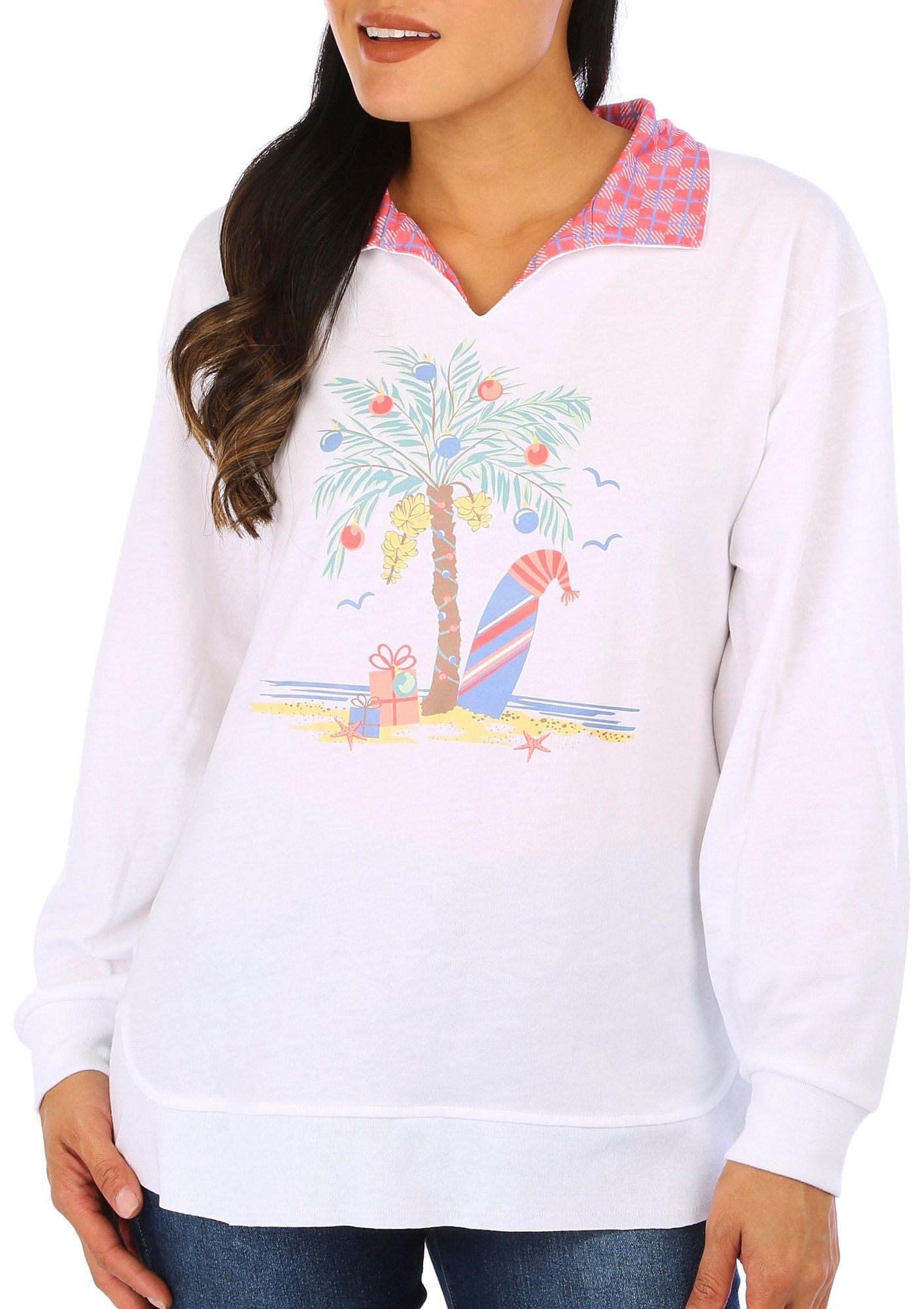 Womens Palm Tree Split V-Neck French Terry Long Sleeve Top