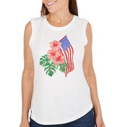 Womens Americana Flag and Flowers Sleeveless Top