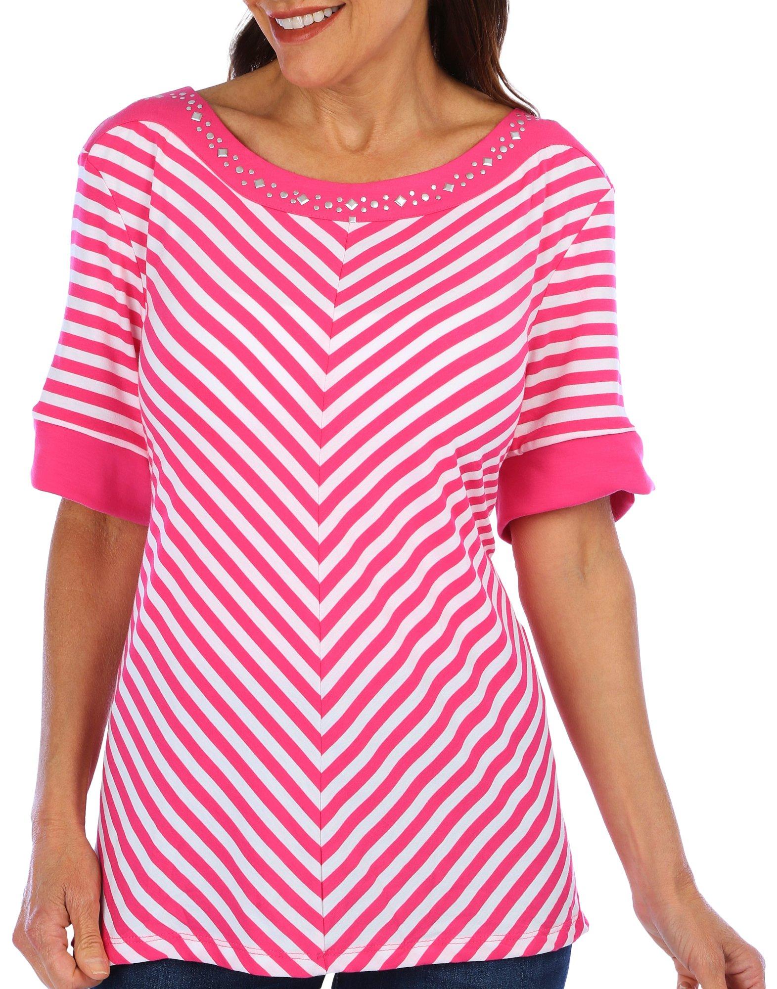 Coral Bay Womens Embellished Striped Short Sleeve Top