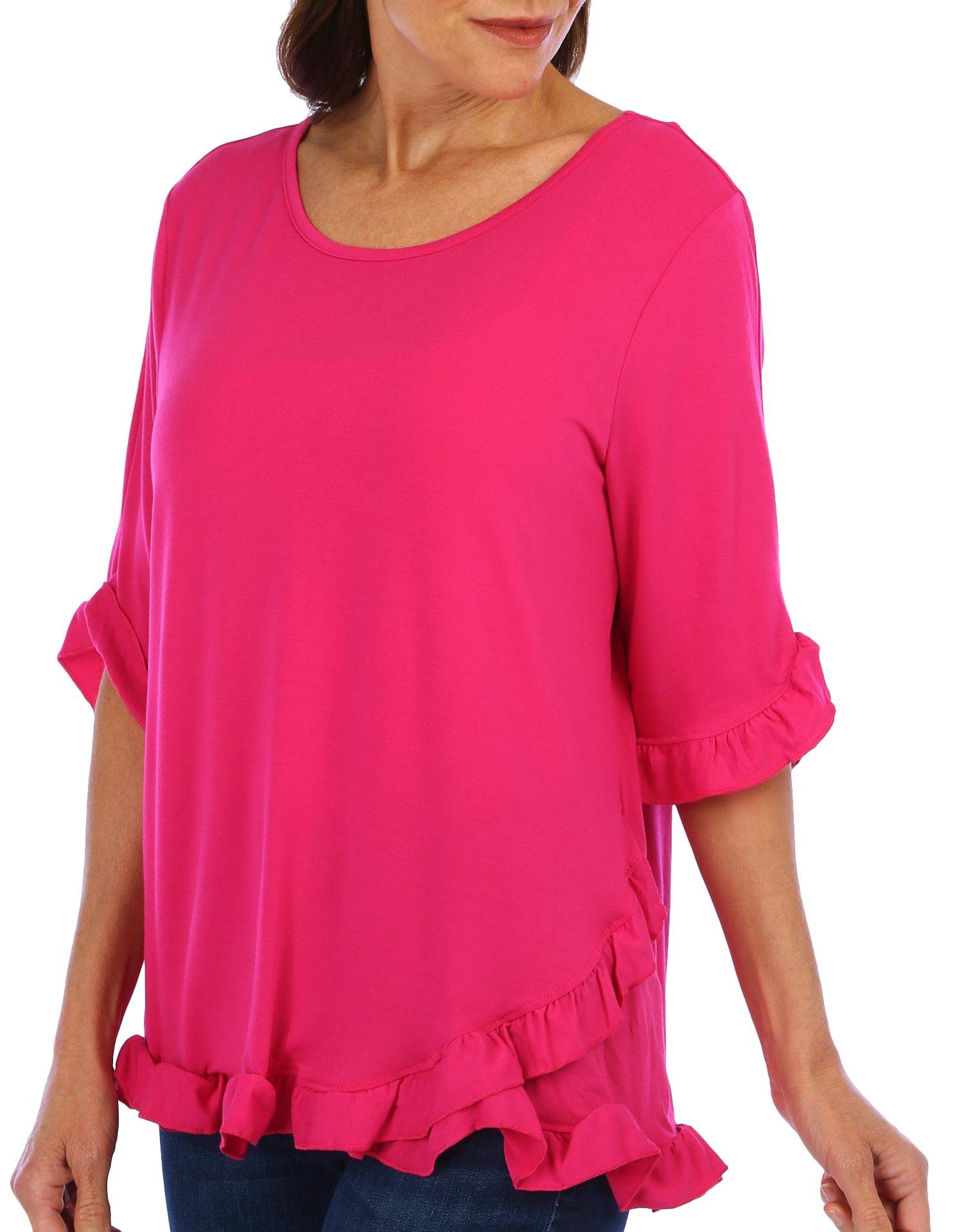 Coral Bay Womens Solid Ruffled Elbow Short Sleeve Top