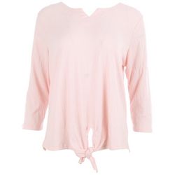 Coral Bay Womens Solid Front Tie 3/4 Sleeve Top
