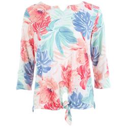 Womens Tropical Print Front Tie 3/4 Sleeve Top