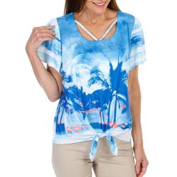 Coral Bay Womens Print Tie Front Short Sleeve Top