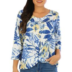 Coral Bay Womens Zip Placket Twist Front 3/4 Sleeve Top