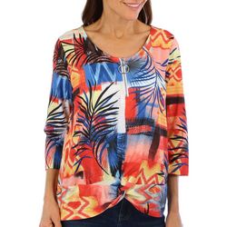 Coral Bay Womens Zip Placket 3/4 Sleeve Front Twist Top