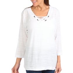 Coral Bay Womens Solid Lace-Up Neckline 3/4 Sleeve Top