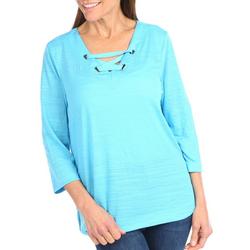 Womens Solid Lace-Up Neckline 3/4 Sleeve Top