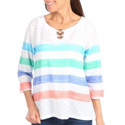 Coral Bay Womens Stripe Print 3/4 Sleeve Top