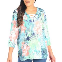 Coral Bay Womens Tropical Lace-Up Neckline 3/4 Sleeve Top