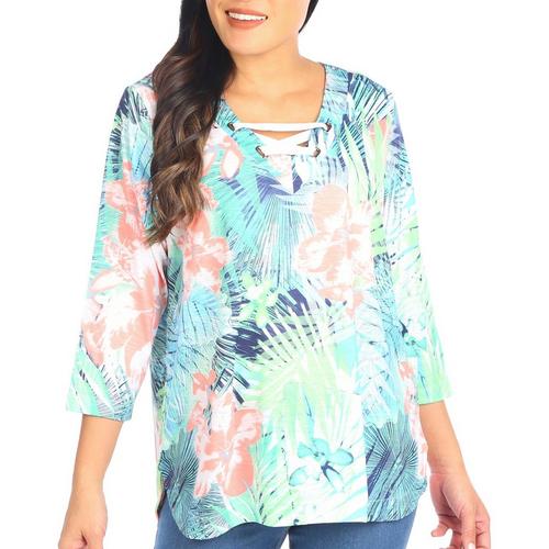 Coral Bay Womens Tropical Lace-Up Neckline 3/4 Sleeve