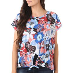 Womens Floral Tie Front Short Sleeve Top