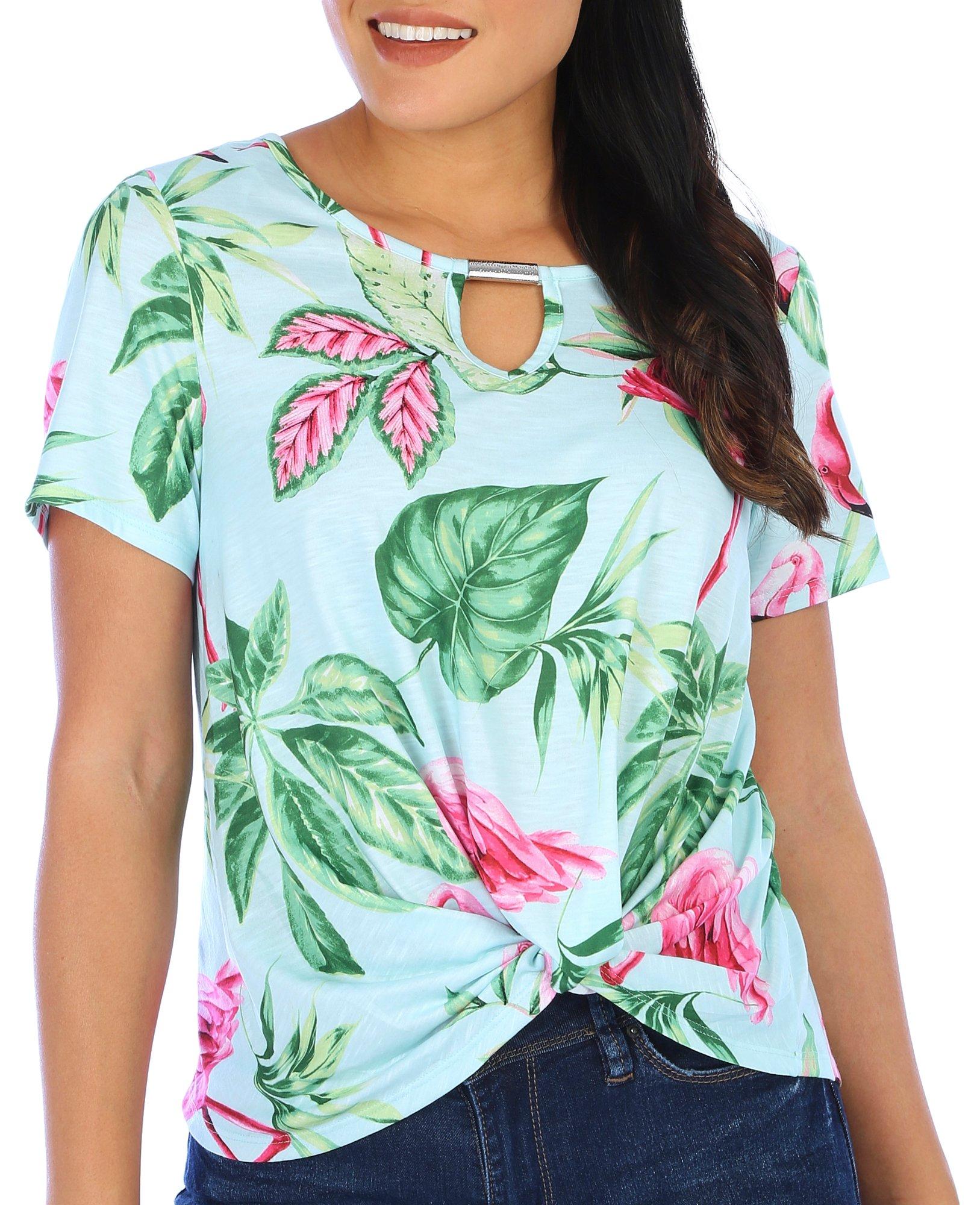 Coral Bay Womens Floral Keyhole Twist Short Sleeve Top