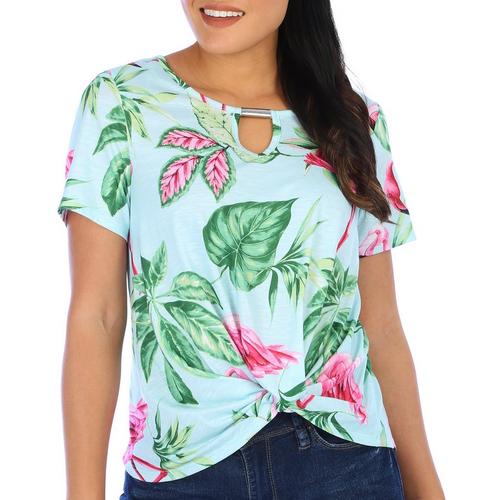 Coral Bay Womens Floral Keyhole Twist Short Sleeve