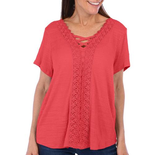 Coral Bay Womens Short Sleeve Lace Overlay Top