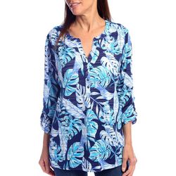 Coral Bay Womens Fronds Burnout Henley 3/4 Sleeve Top