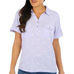 Coral Bay Womens Turtle Print Two-Pocket Short Sleeve Polo