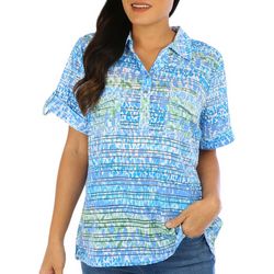 Coral Bay Womens Print Burnout Henley Short Sleeve Polo Top