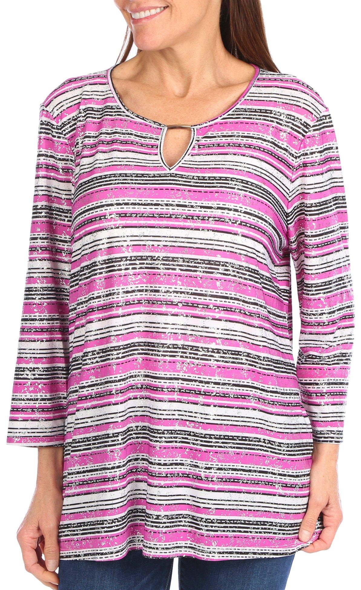 Coral Bay Womens Striped Foil 3/4 Sleeve Top