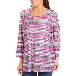 Coral Bay Womens Striped Foil 3/4 Sleeve Top