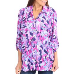 Coral Bay Womens Paint Strokes Button Front 3/4 Sleeve Top