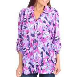 Womens Paint Strokes Button Front 3/4 Sleeve Top
