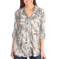 Coral Bay Womens Abstract Swirl Button Front 3/4 Sleeve Top