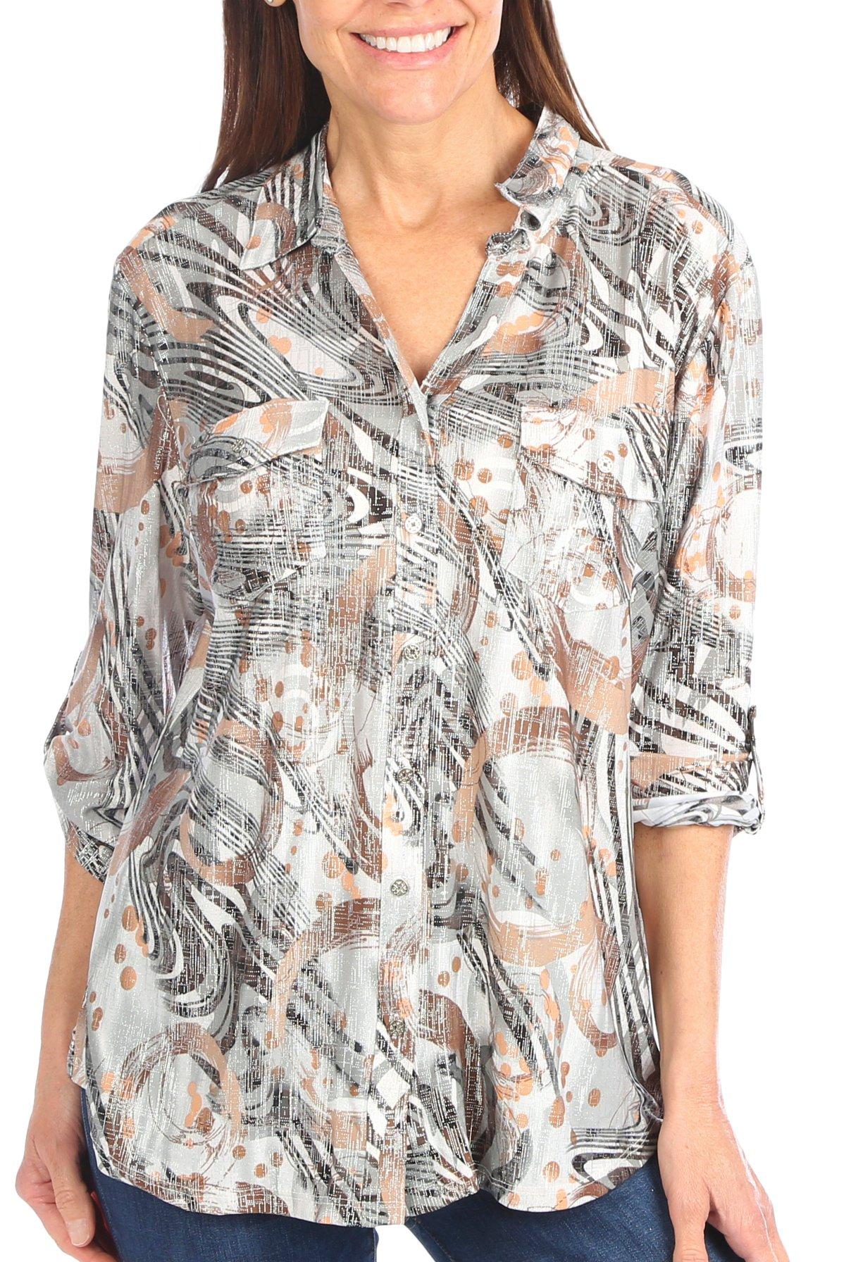 Womens Abstract Swirl Button Front 3/4 Sleeve Top