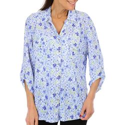 Coral Bay Womens Flower Print Button Front 3/4 Sleeve Top
