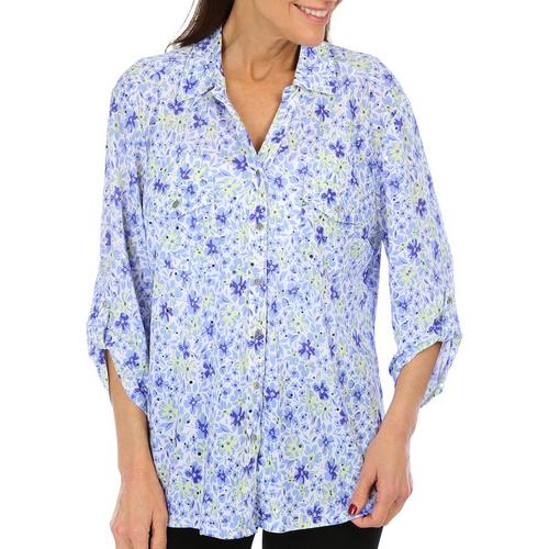 Coral Bay Womens Flower Print Button Front 3/4