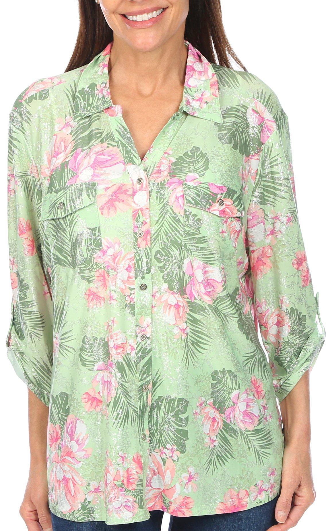 Coral Bay Womens Floral Print Pocket Button 3/4 Sleeve Top