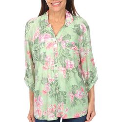 Coral Bay Womens Floral Print Pocket Button 3/4 Sleeve Top