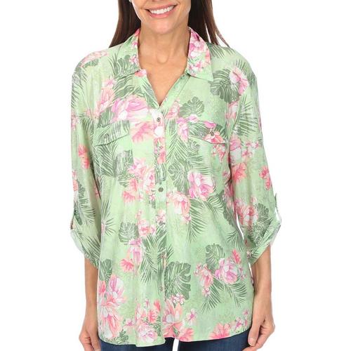 Coral Bay Womens Floral Print Pocket Button 3/4