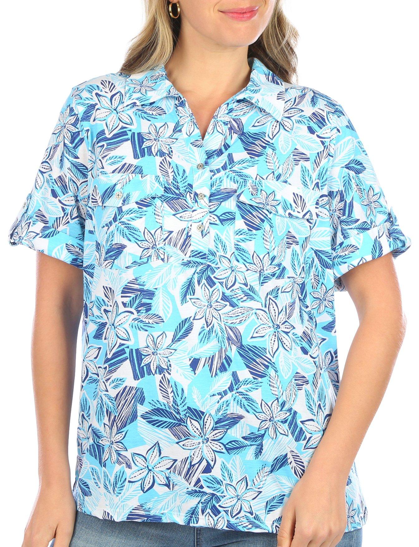 Coral Bay Womens Floral Roll Tab Short Sleeve Jersey Polo