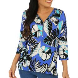 Womens Tropical Zip 3/4 Sleeve Stretch Top