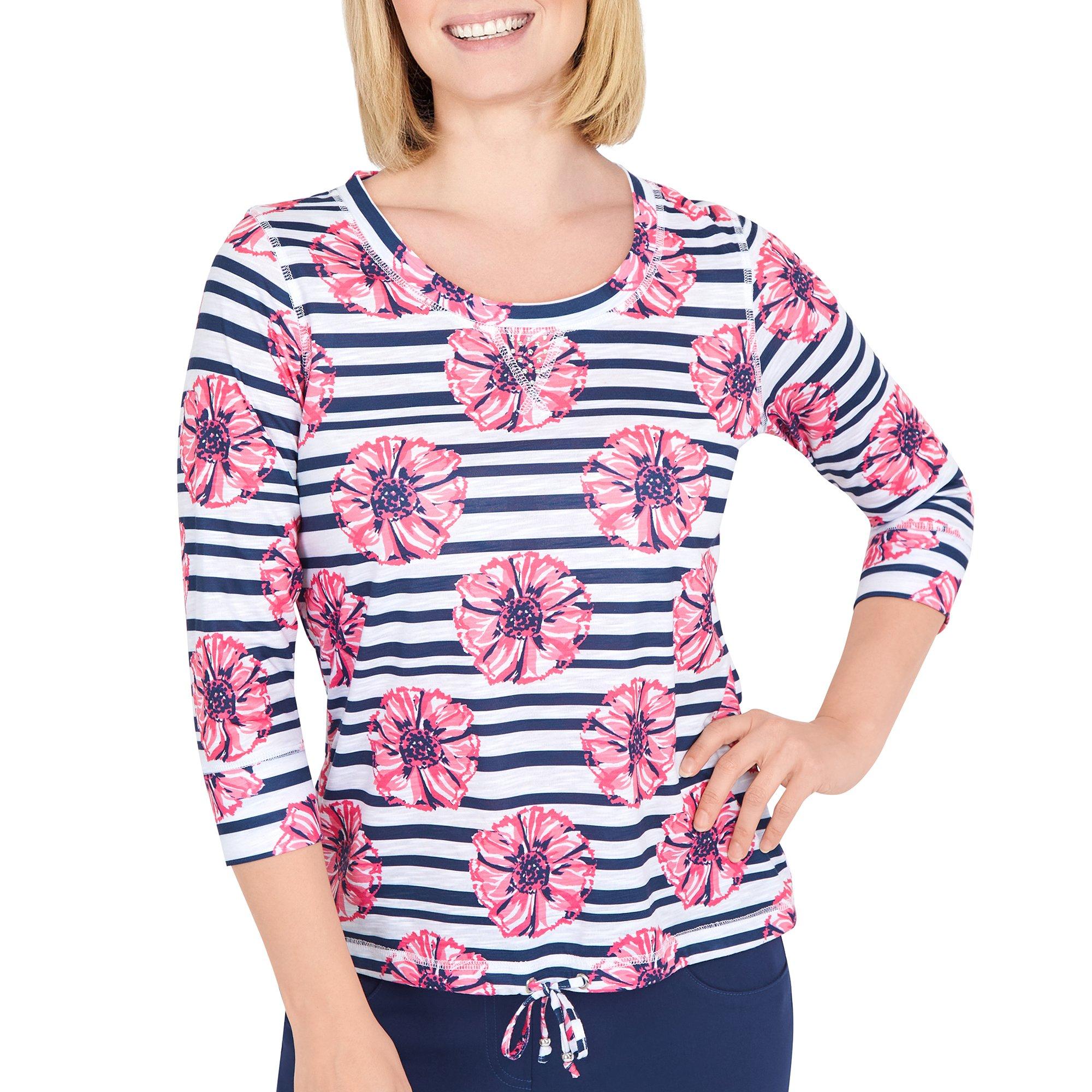 Womens Floral Stripe Tie Front 3/4 Sleeve Top